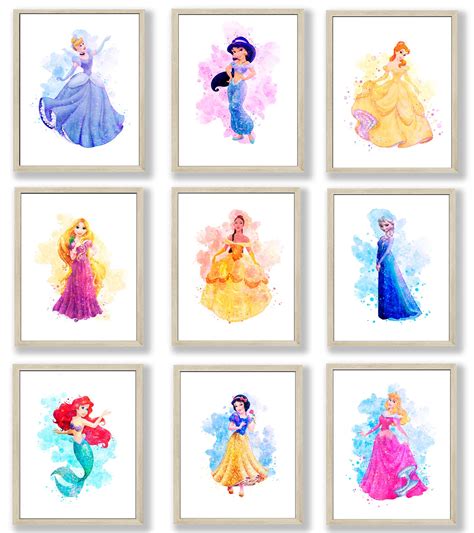 Buy HerZii Prints Princess Wall Art Decor Watercolor Prints Set of 9-8 ...