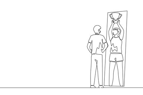 Continuous One Line Drawing Guy Standing In Front Of Mirror Looking At