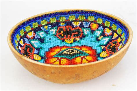 Huichol Native Beaded Bowl Blue Deer Orange Peyote Etsy