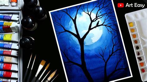 How To Draw Beautiful Moonlight Scenery With Watercolors For Beginners