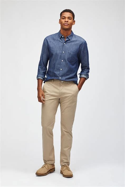 Mens Tan Chinos With A Blue Demin Button Down Shirt Mens Outfits