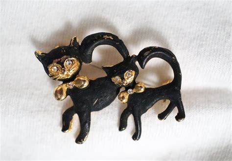 Vintage Black Cats Halloween Brooch Rhinestone Eyes Etsy