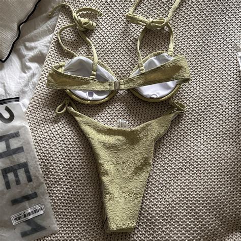 Shein Olive Green Bikini Crinkle Pattern Underwired Depop