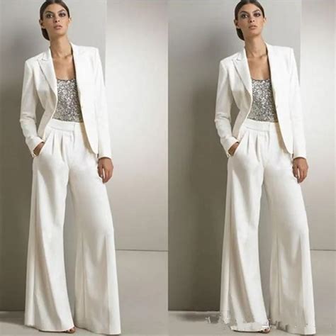 White Mother Of The Bride Groom Pant Suits For Silver Sequined Wedding