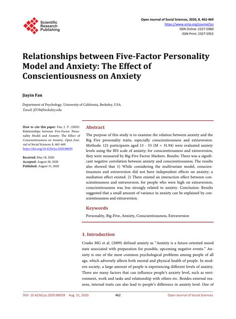 Pdf Relationships Between Five Factor Personality Model And Anxiety