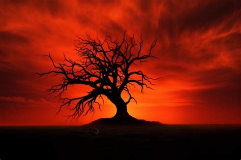 Premium AI Image Eerie Silhouette Of A Haunted Tree Against A Fiery