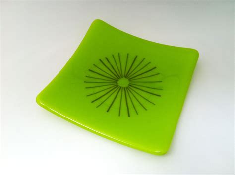 Spring Green 6 Sq Fused Glass Dish With Charcoal Grey Stringer Pattern £32 Glass Fusing