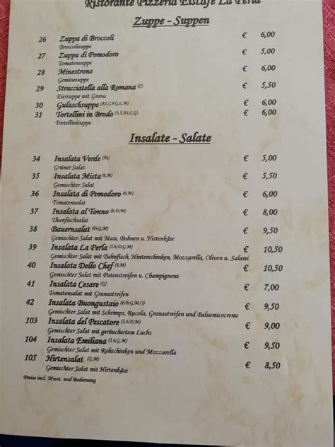 Speisekarte Von La Perla Restaurant Tettnang