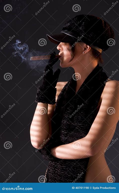 Woman In Black Astrakhan Smoking Cigar Stock Photo Image Of Body Naked