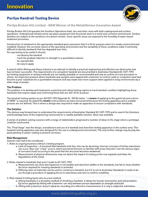Perilya Handrail Testing Device Perilya Broken Hill Limited Nsw