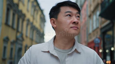 Close Up Asian Man Tourist Going Walking Outdoors Happy Korean Chinese