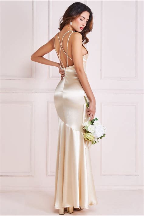 Goddiva Satin Cowl Neck With Strappy Back Maxi Champagne