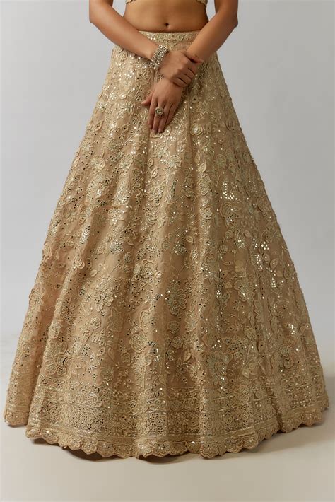 Gold Net Mirror And Thread Embroidered Bridal Lehenga Set By Aneesh