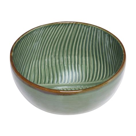 UNICEF Market Handcrafted Green Banana Leaf Ceramic Serving Bowl 9