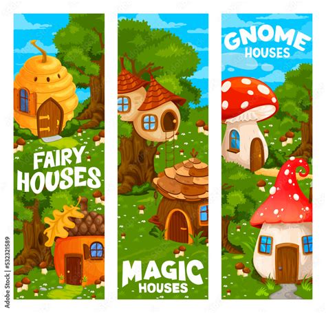 Magic Fairy And Gnome Houses And Dwellings Vector Banners With Fantasy