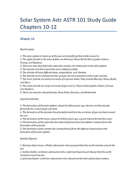Solar System Astr ASTR 101 Study Guide Chapters 10-12 - Solar System
