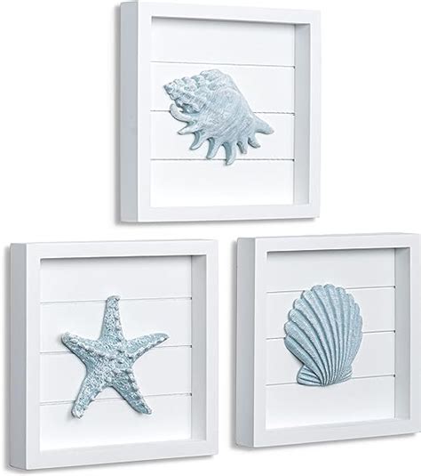 Tideandtales Blue Seashells And Starfish Framed Set Of 3 Coastal 3d