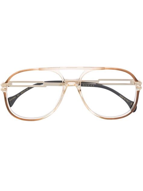 Gucci Aviator Style Acetate And Gold Tone Optical Glasses In Brown