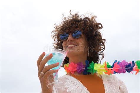 Portrait Of Mature Attractive Woman Curly Hair With Sunglasses