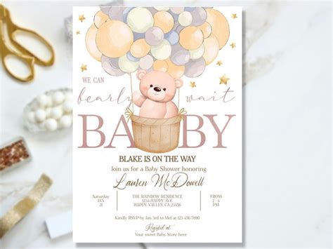 Editable Teddy Bear Hot Air Balloon Baby Shower Invitation Gender Neutral Teddy Bear Baby Shower