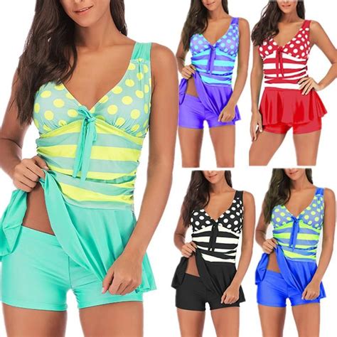 Polka Dot And Stripe Print Two Piece Tankini Swimsuit Tankini