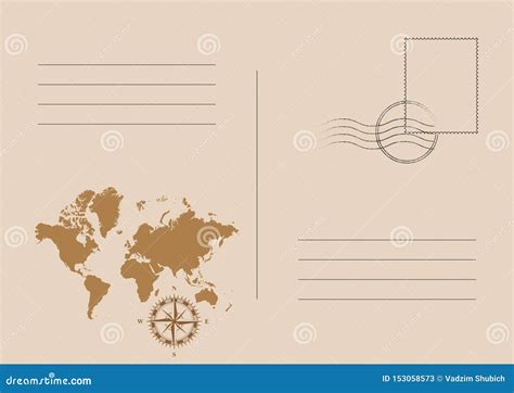 Vintage Vector Postcard With World Map And Retro Compass Postal Card For Travel Stock Vector