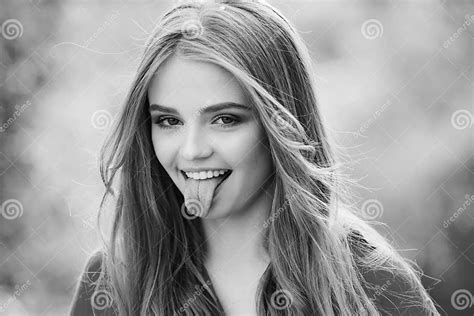 Emotions Faces Of Cute Woman With Open Mouth With Tongue Stock Image