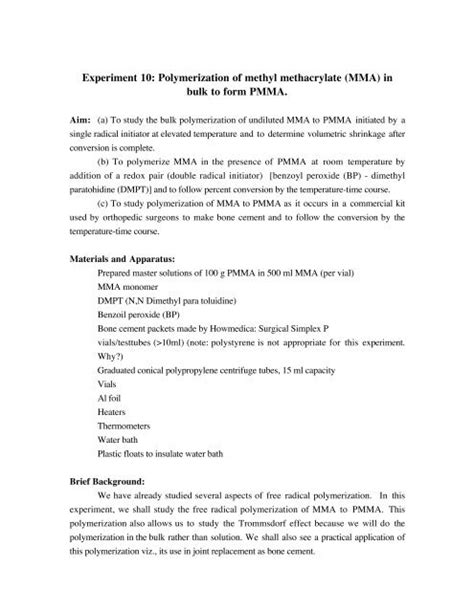 Experiment Polymerization Of Methyl Methacrylate Mma In Bulk