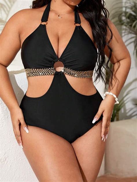 Plus Ring Linked Cut Out Halter One Piece Swimsuit Shein Usa