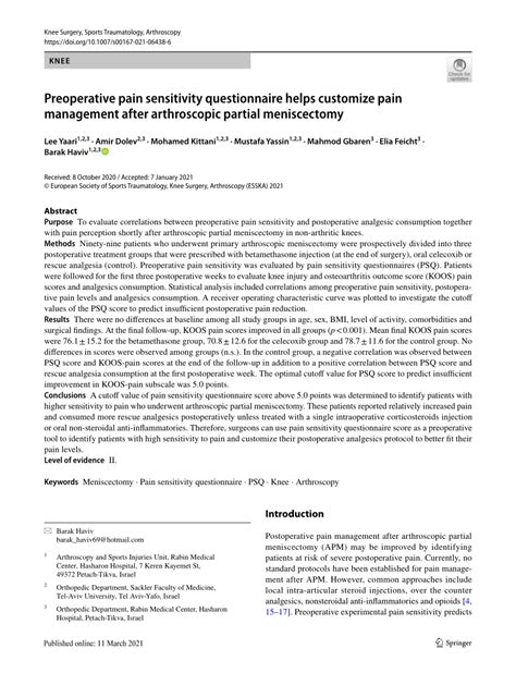 PDF Preoperative Pain Sensitivity Questionnaire Helps Customize Pain