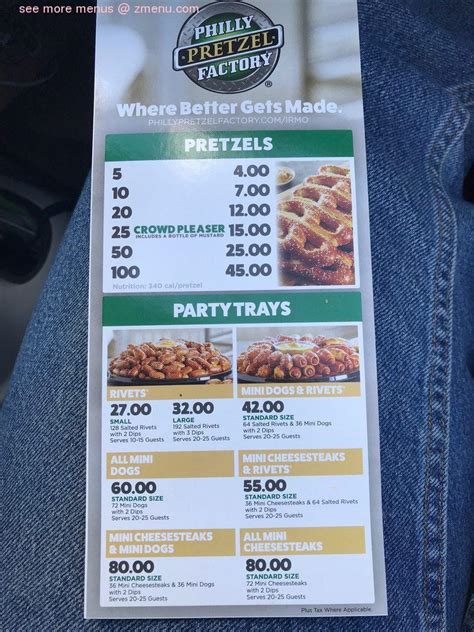 Menu at Philly Pretzel Factory, Irmo