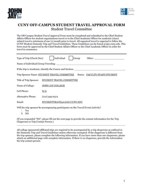 Fillable Online Jjay Cuny CUNY OFF CAMPUS STUDENT TRAVEL APPROVAL FORM