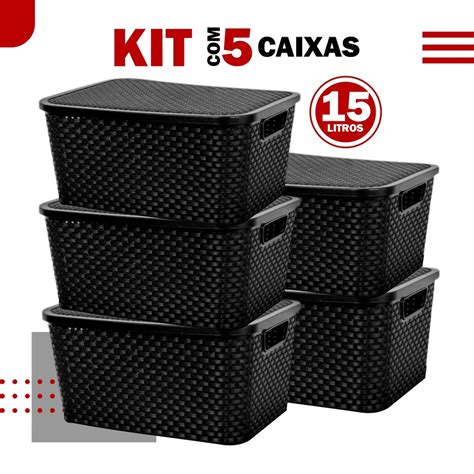 Kit 5 Caixas Cestos Tampa Organizador Rattan 15 Litros Arqplast