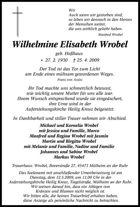 Traueranzeigen Von Wilhelmine Elisabeth Wrobel Trauer In NRW De