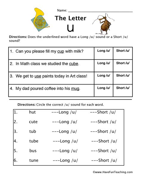 Short and Long Vowel U Worksheet by Teach Simple