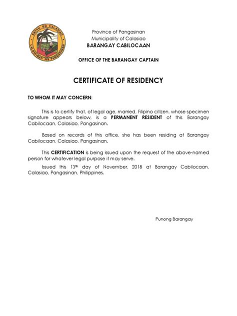 Barangay Certification Of Residency