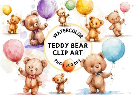 Watercolor Teddy Bears Balloons Clipart Teddy Bear Clipart Cute Teddy