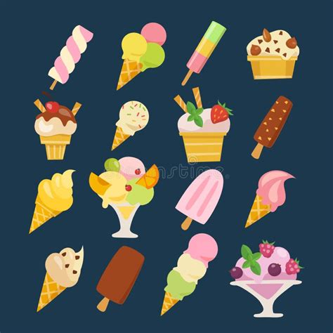 Sistema Del Vector Iconos De La Comida Del Helado Y Del Postre