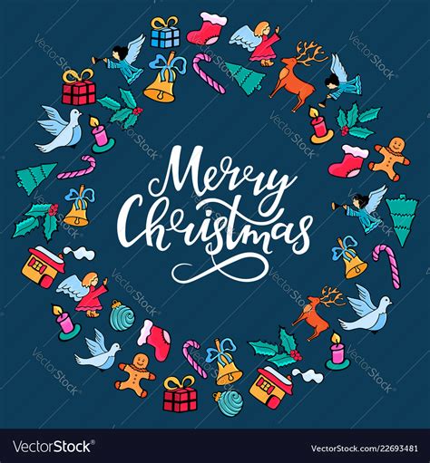 Merry Christmas Hand Lettering Festive Round Vector Image