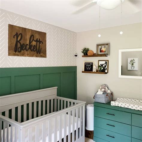 Green Board And Batten Stencil Wall Boy Nursery Grey Crib Nursery