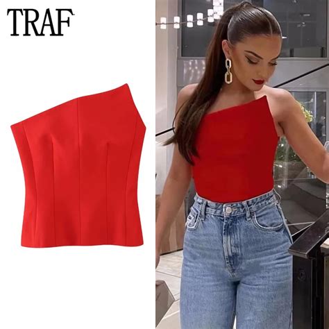 Traf Asymmetric Corset Top Female Red Backless Crop Top Women Off