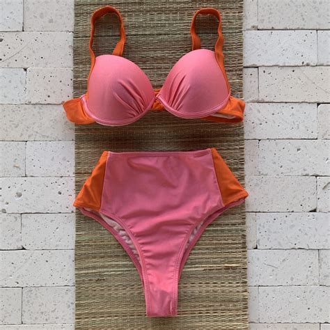 Biquíni Meia Taça Hot Pants Pink e Laranja Dondoca Moda Feminina