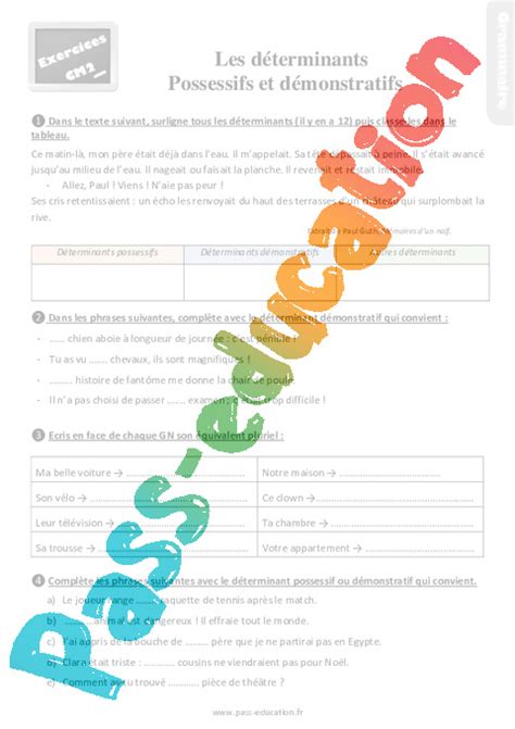 Les déterminants possessifs et démonstratifs Cm2 Exercices