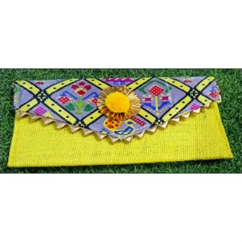 Yellow And Blue Party Handmade Printed Jute Shagun Cash Envelope 1