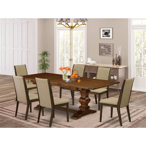 Maykoosh French Country 7 Pc Dinette Set With Chairs Legs And Dark Khaki Linen Fabric Chairs Set