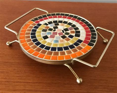 S Mosaic Tile Trivet Gold Metal Trivet Stand Ball Feet Vintage