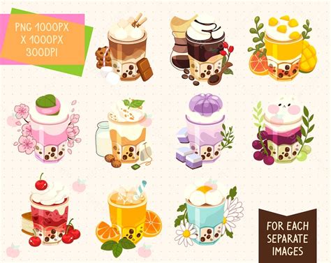 Cute Kawaii Printable Digital Stickers Clipart Rainbow Boba Coffee