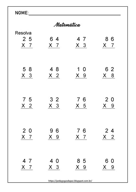Conta De Vezes 4 Ano - Pedagogas da paz: Continhas de multiplicação para 3º ano e 4º ano ...