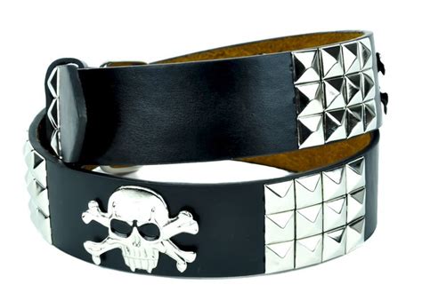 Skull Crossbones Silver Metallic 3 Row Pyramid Stud Belt Genuine Leath