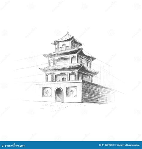 Chinese Pagoda Painted With A Pencil Hand Drawn Close Up Stock